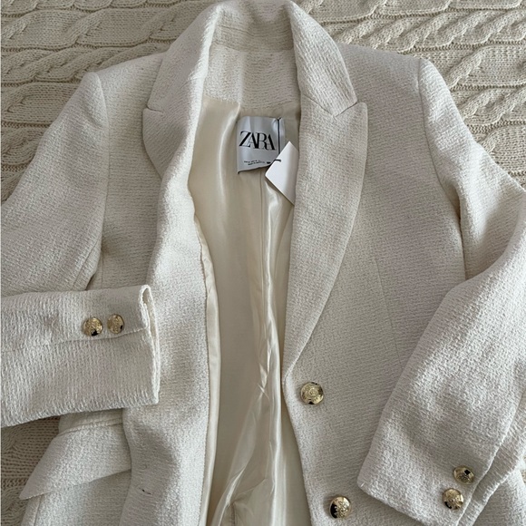 Zara Ecru Textured Coat Jacket With Golden Button - Picture 7 of 10